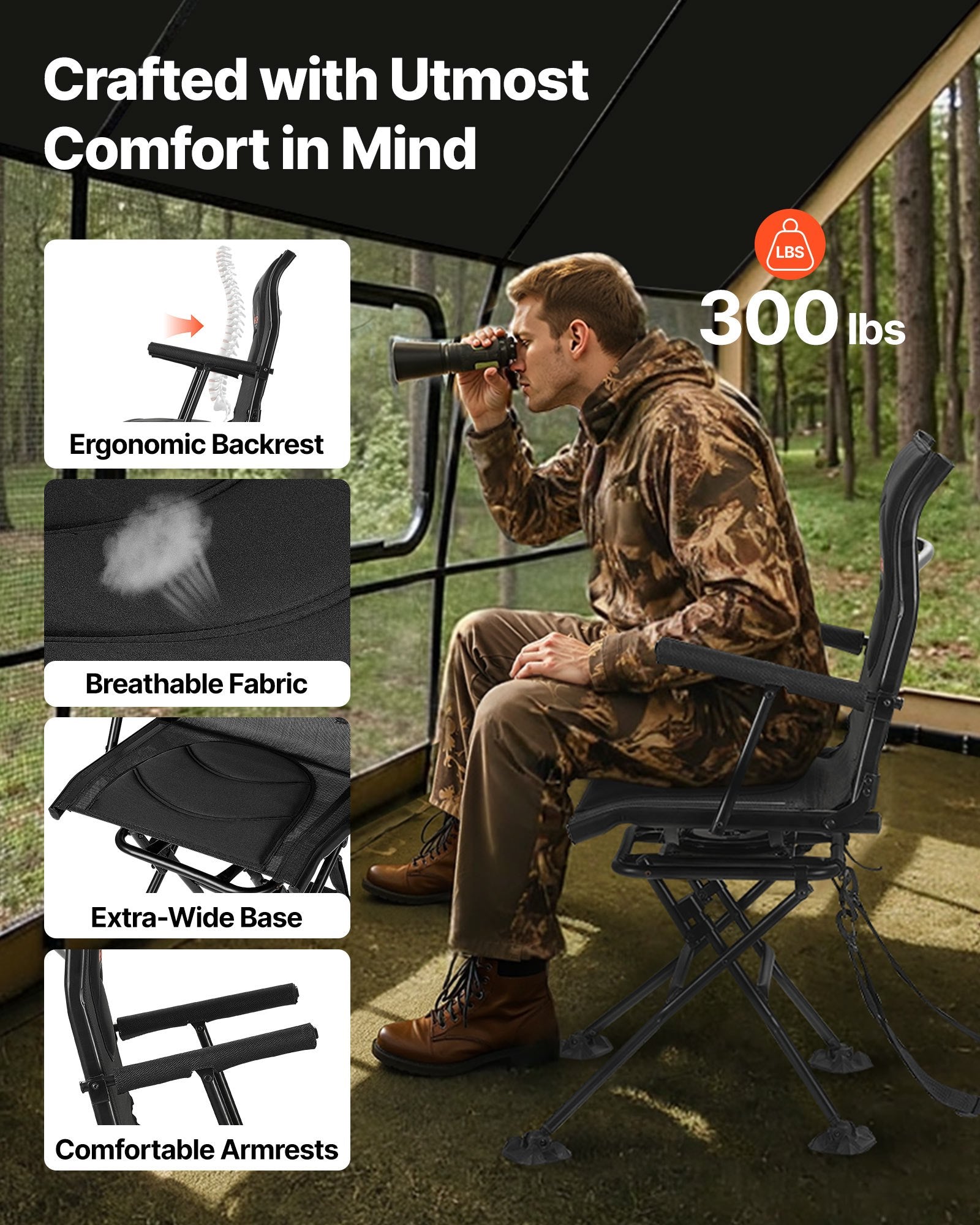 Hunting Chair, 360° Silent Swivel, Foldable Portable Blind Chair, Heavy-Duty Steel Frame Ground Stool Seat, With Armrests, Adjustable Carry Strap, Anti-Sink Feet, 300 Lbs Capacity For Fishing