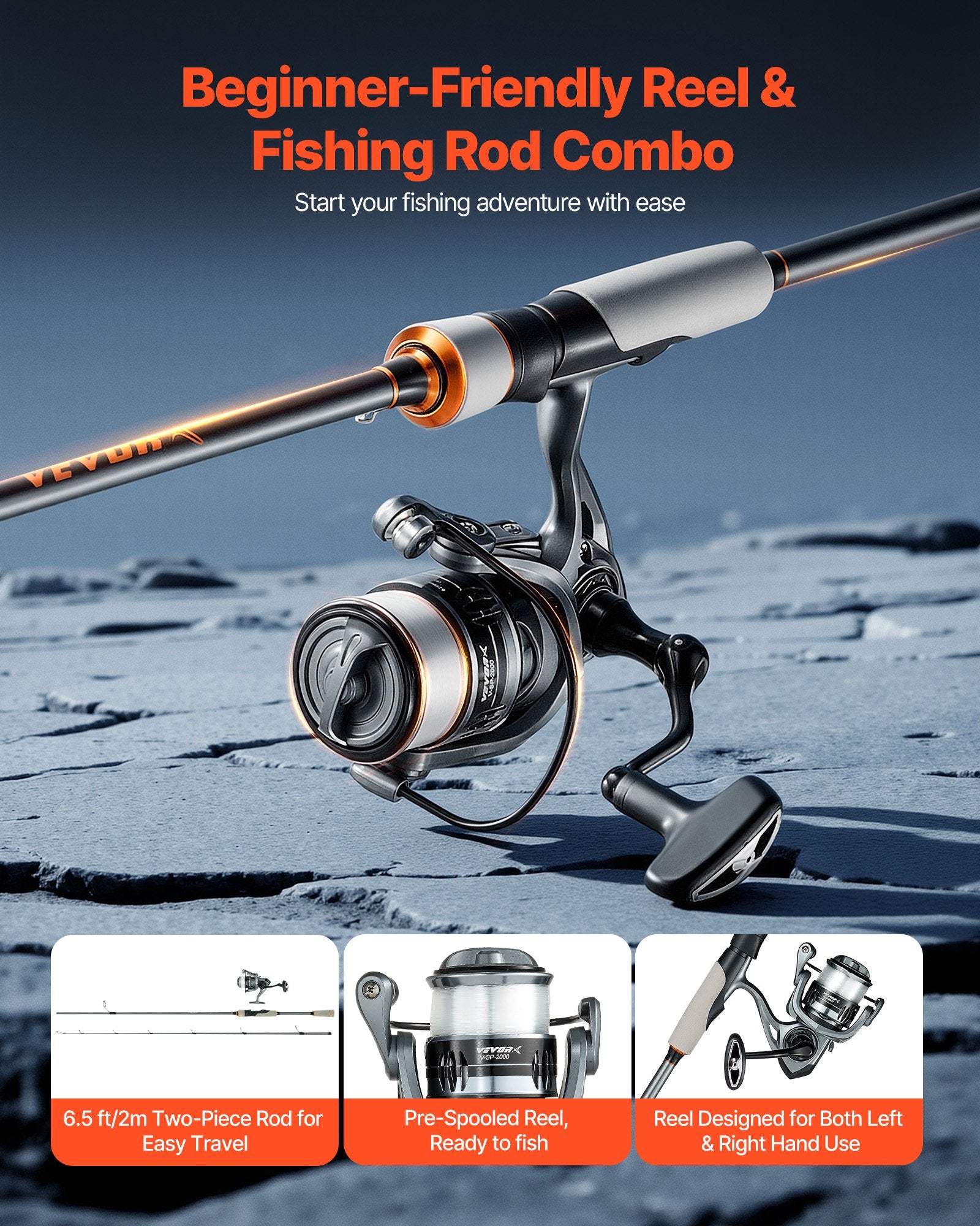 Rod And Fishing Reel Combo, IM6 Fiberglass & Carbon Fiber Spinning Rod And Reel Combo, Bass Fishing Pole With 6.5 Ft Two-Piece Rods, 6+1 Ball Bearings, Stainless Steel Guides With Ceramic Rings