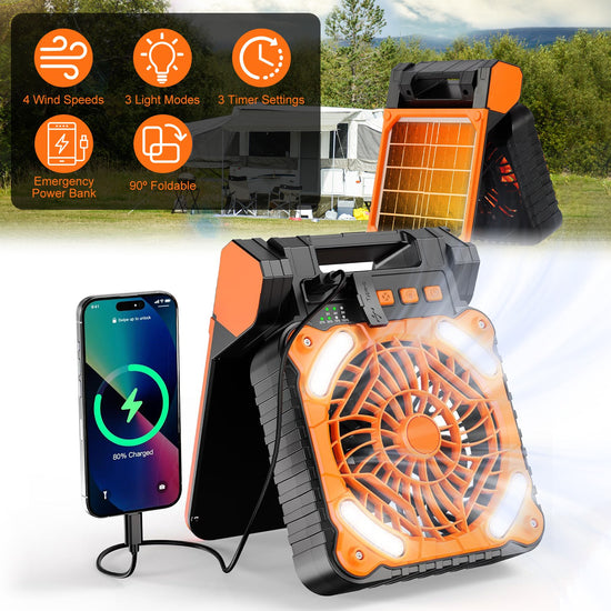1Pc Solar Camping Fan With LED Lantern 5200mAh Rechargeable Battery Operated Portable Fan With Emergency Power Bank 4 Wind Speeds 3 Light Modes For Hiking Fishing Travel