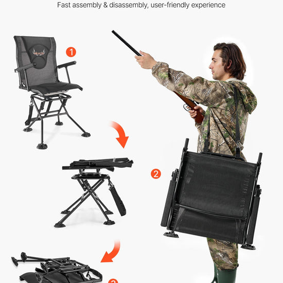 Hunting Chair, 360° Silent Swivel, Foldable Portable Blind Chair, Heavy-Duty Steel Frame Ground Stool Seat, With Armrests, Adjustable Carry Strap, Anti-Sink Feet, 300 Lbs Capacity For Fishing