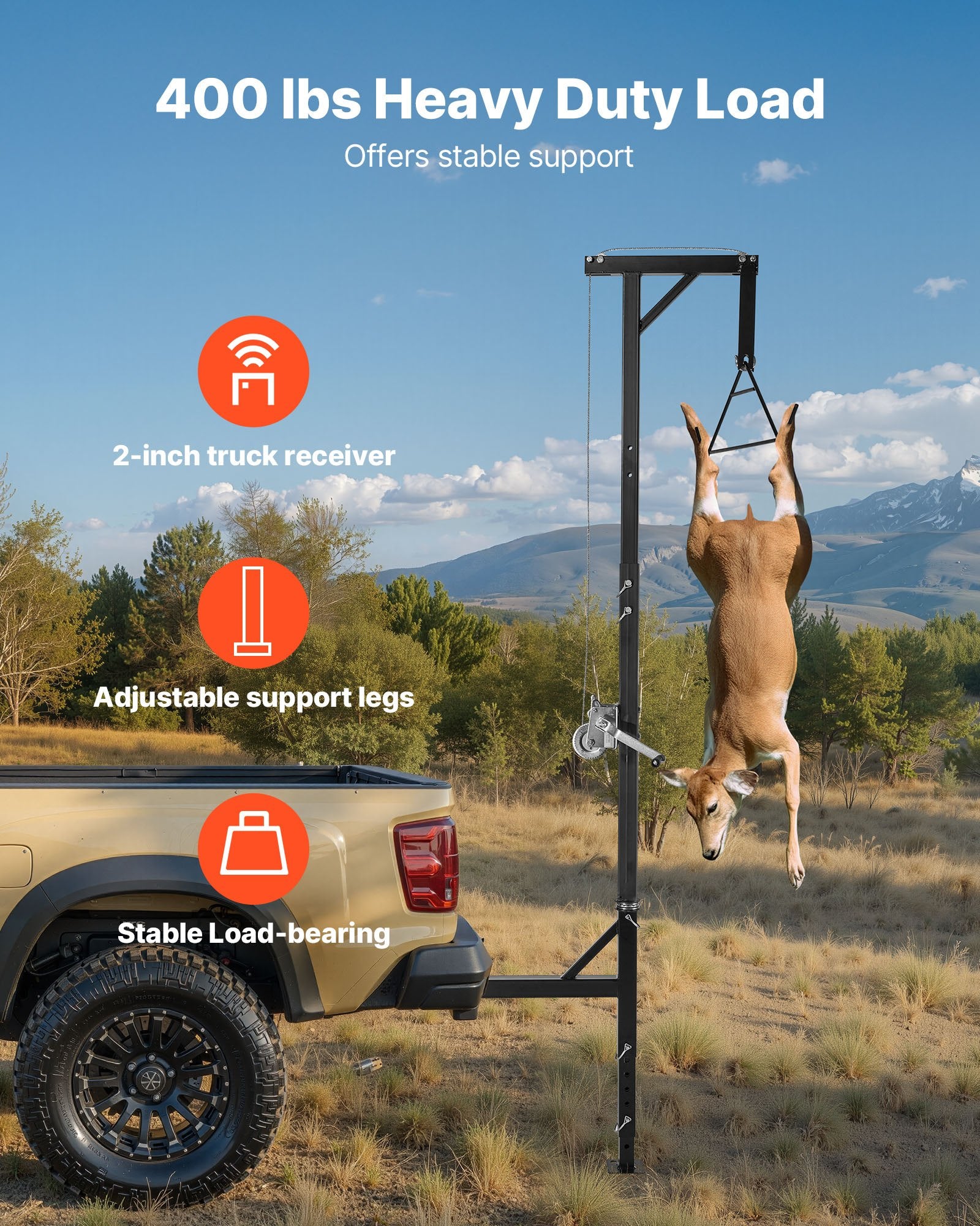 Truck Hitch Game Hoist, 400 Lbs Load Capacity, Hunting Deer Hoist With 2-inch Receiver, 360-Degree Swivel Shaft & Adjustable Height, Includes Gambrel Winch For Skinning & Cleaning Game