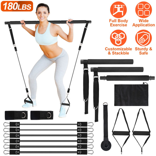 100LBS OR 180LBS Band Options - 1Pc Pilates Bar Kit Multifunctional Pilates Yoga Toning Bar Full Body Exercise Equipment Set