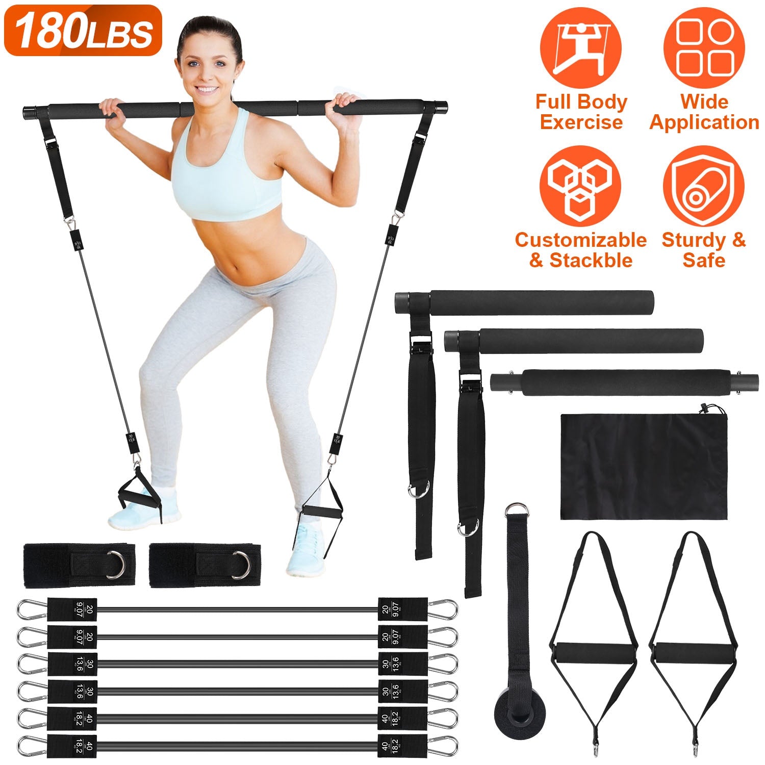 100LBS OR 180LBS Band Options - 1Pc Pilates Bar Kit Multifunctional Pilates Yoga Toning Bar Full Body Exercise Equipment Set