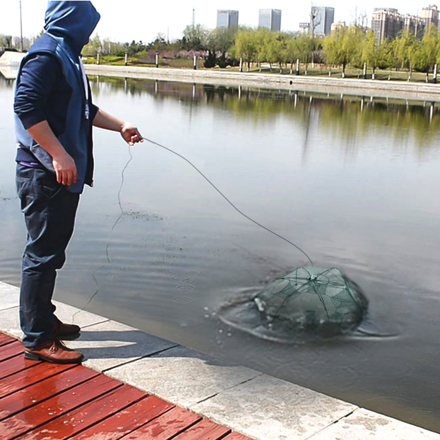 Fishing Trap Net Portable Folded Fishing Bait Trap Shrimp Minnow Crab Bait Net 6 Sides 6 Holes Crayfish Cast Mesh Trap Automatic