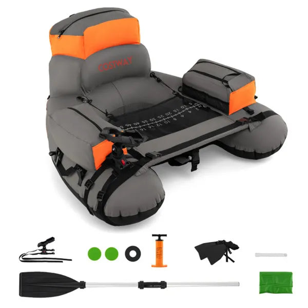 350lbs Inflatable Fishing Float Tube - 2 Air Chambers, Rod Holder+Fish Ruler, Orange+Gray