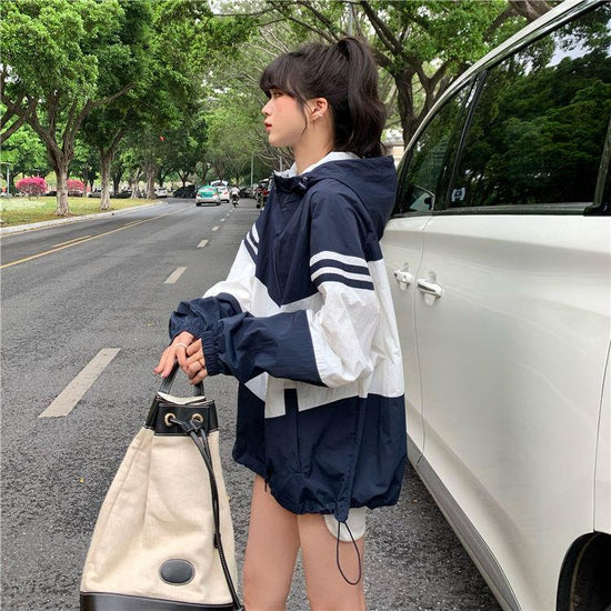 Contrast Color Hooded Sun Protection Clothing For Women Loose Thin Coat