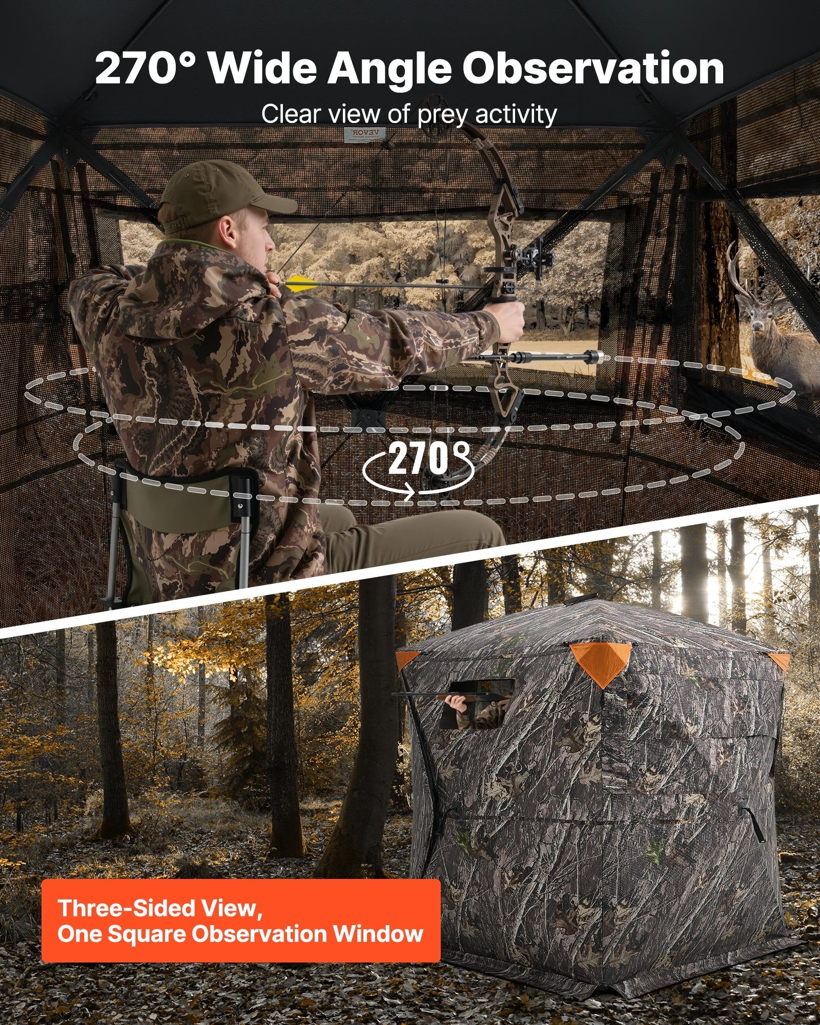 Hunting Blind, 270° See Through Ground Blind, 1-2 Person Pop Up Deer Blind For Hunting With Carrying Bag, Portable Resilient Hunting Tent, One-Way See-Through Mesh For Turkey And Deer Hunting