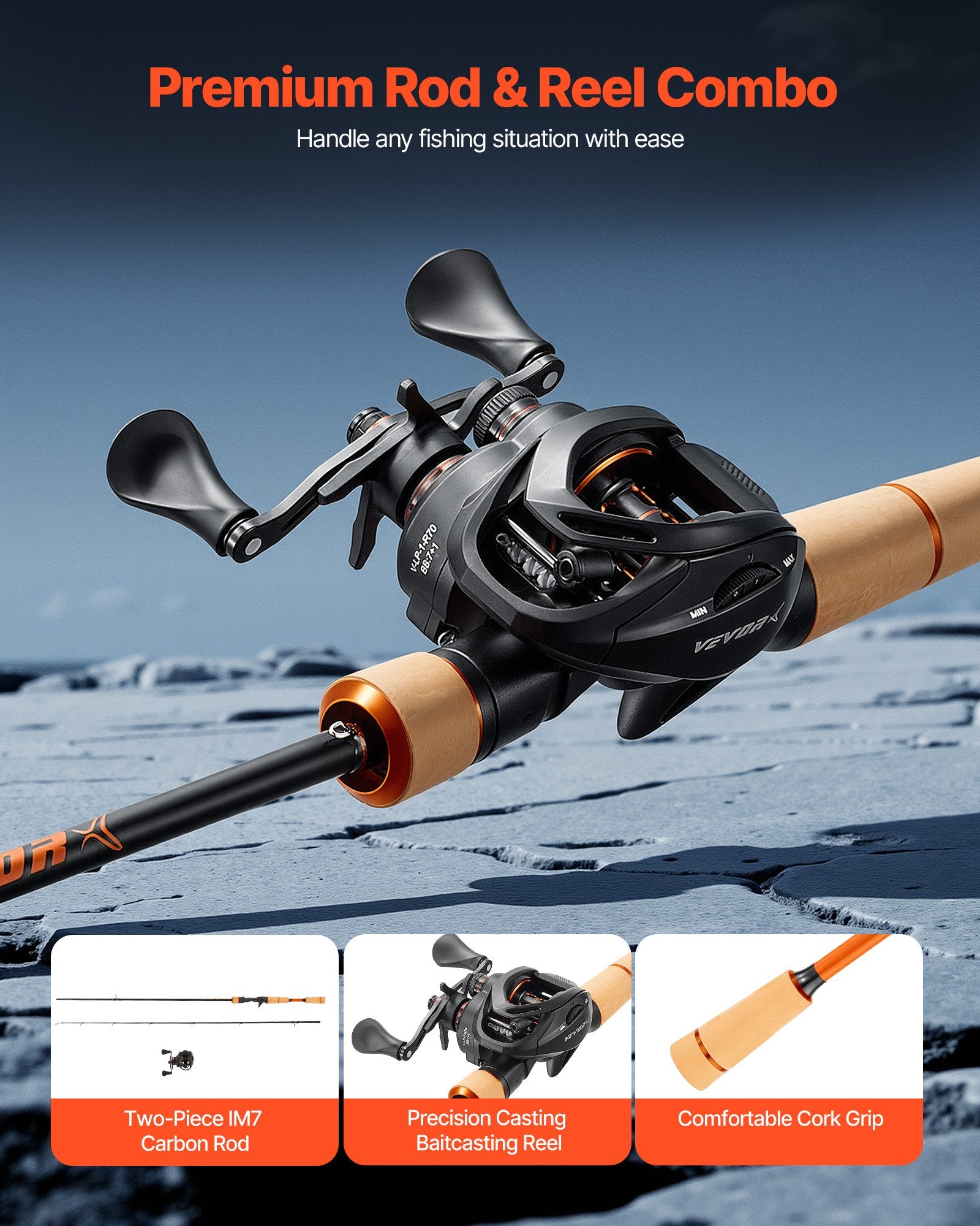 Rod And Fishing Reel Combo, IM7 Carbon Fiber Baitcasting Rod And Reel Combo, Bass Fishing Pole With 6+1 BB System, 7.0:1 Gear Ratio, Cork Handle, Stainless Steel Guides With Ceramic Rings