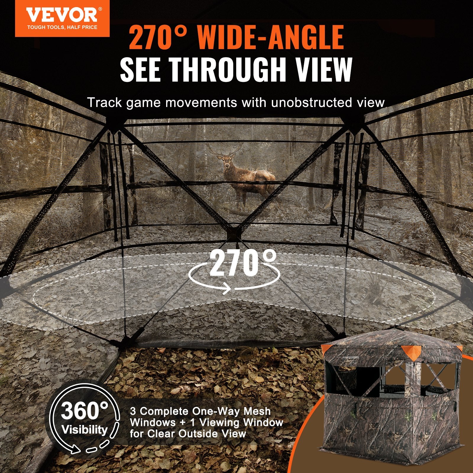 Hunting Blind, 270° See Through Ground Blind, 2-3 Person Pop Up Deer Blind For Hunting With Carrying Bag, Portable Resilient Hunting Tent, One-Way See-Through Mesh For Turkey And Deer Hunting