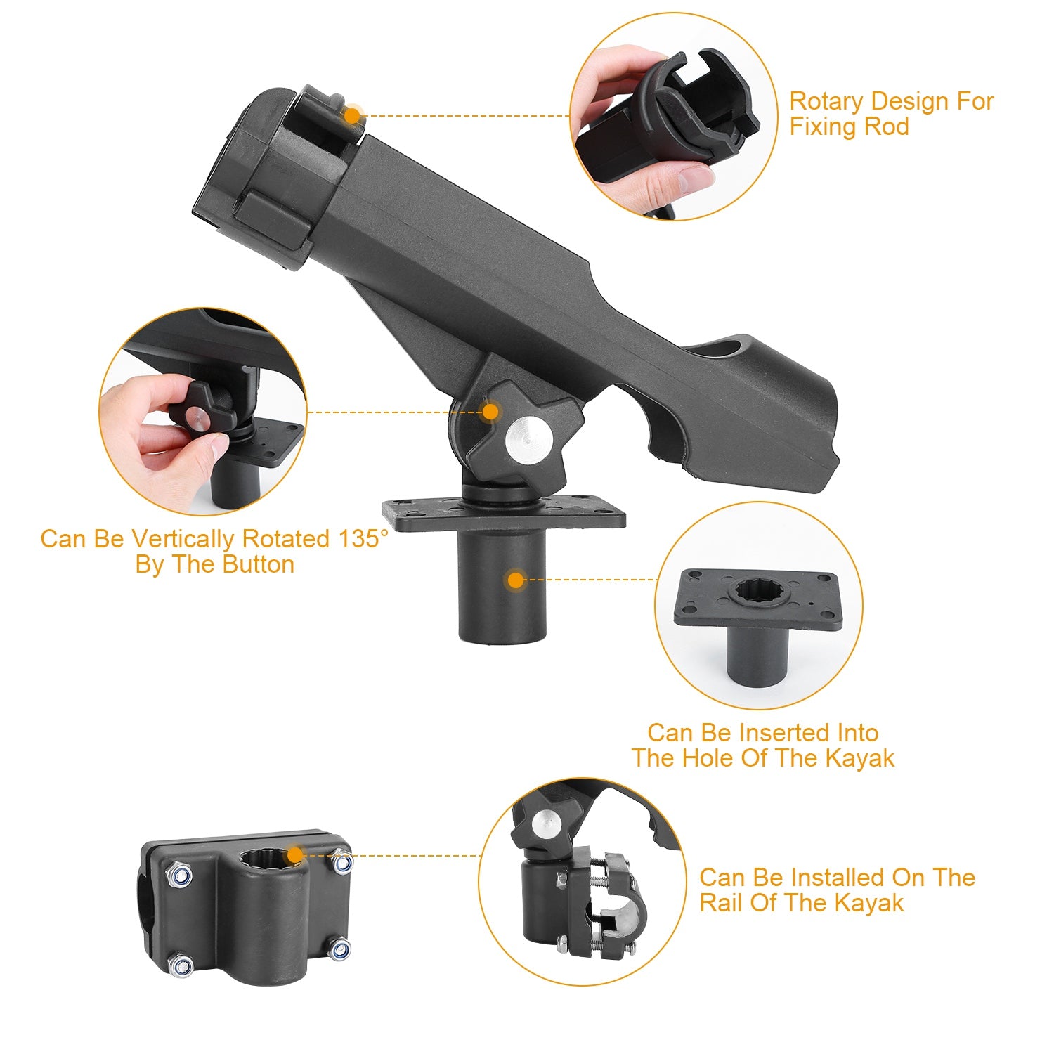 1Pc Boat Fishing Pole Rod Holder 360Degree Rotatable Kayak Side Rail Mount Adjustable Folding Rod Holder With Large Clamp Rod Not Included