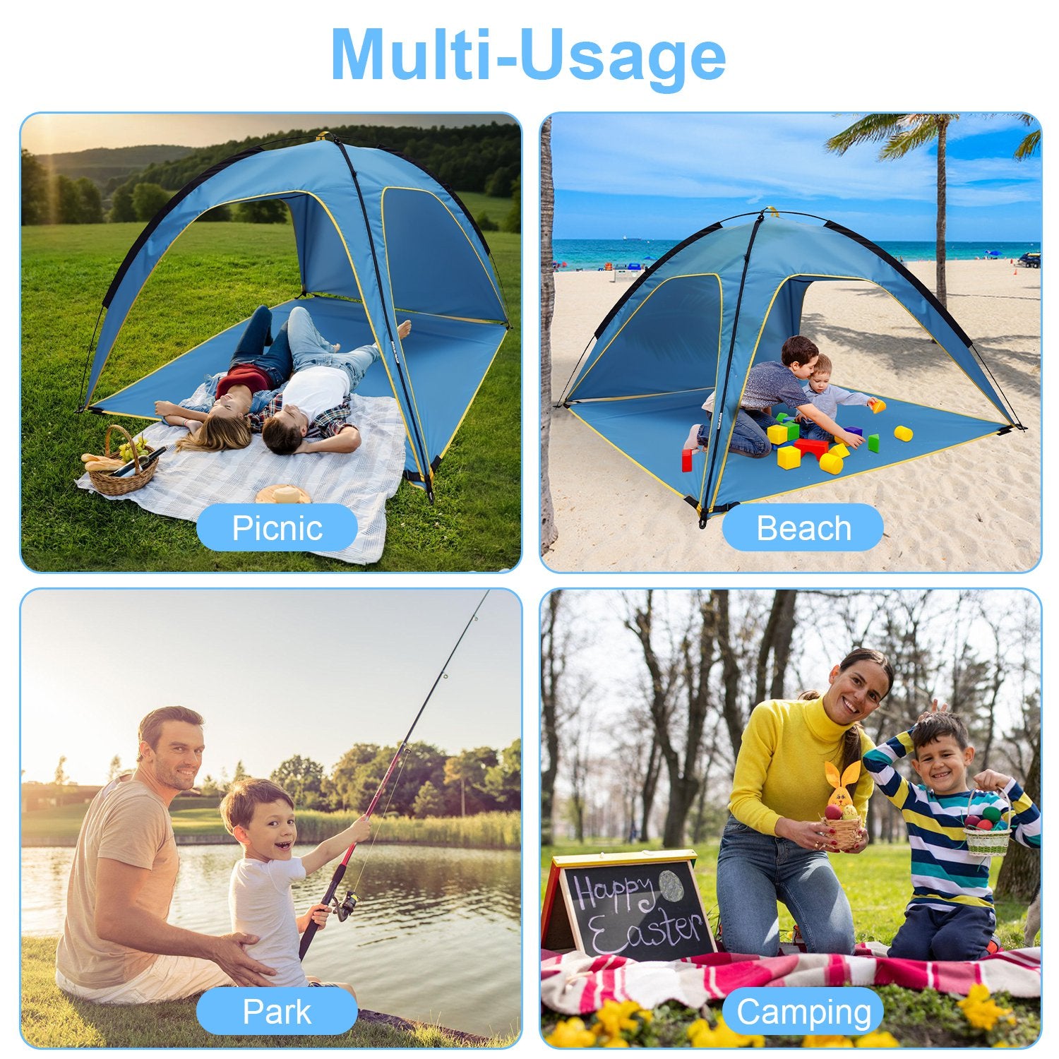 1Pc 4-6 Person Beach Tent Canopy  With 3 Door Openings Carry Bag UPF50 Waterproof  For Beach Picnic Camping Hiking Adventure Fishing