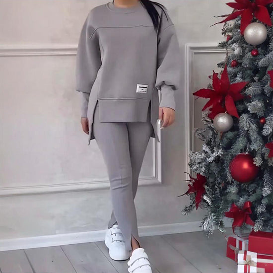 Women's Solid Color 2-Piece Set, Loose Fit Top With Slit Hem & Slim Fit Pants For Spring And Fall