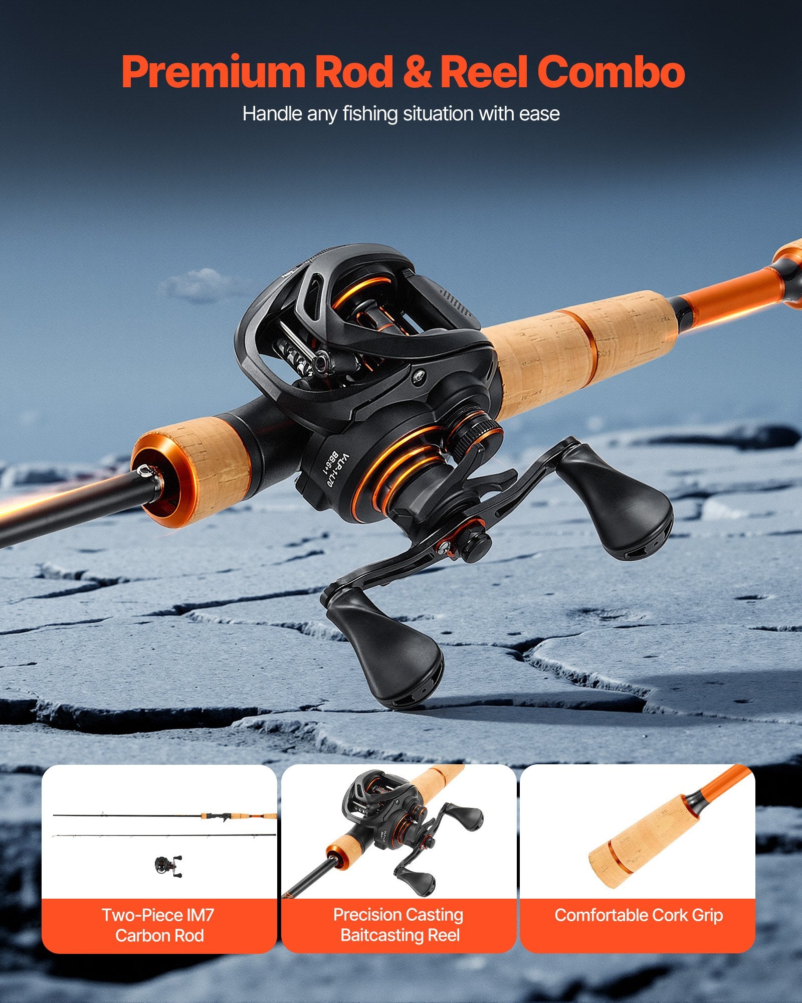 Rod And Fishing Reel Combo, IM7 Carbon Fiber Baitcasting Rod And Reel Combo, Bass Fishing Pole With 6+1 BB System, 7.0:1 Gear Ratio, Cork Handle, Stainless Steel Guides With Ceramic Rings