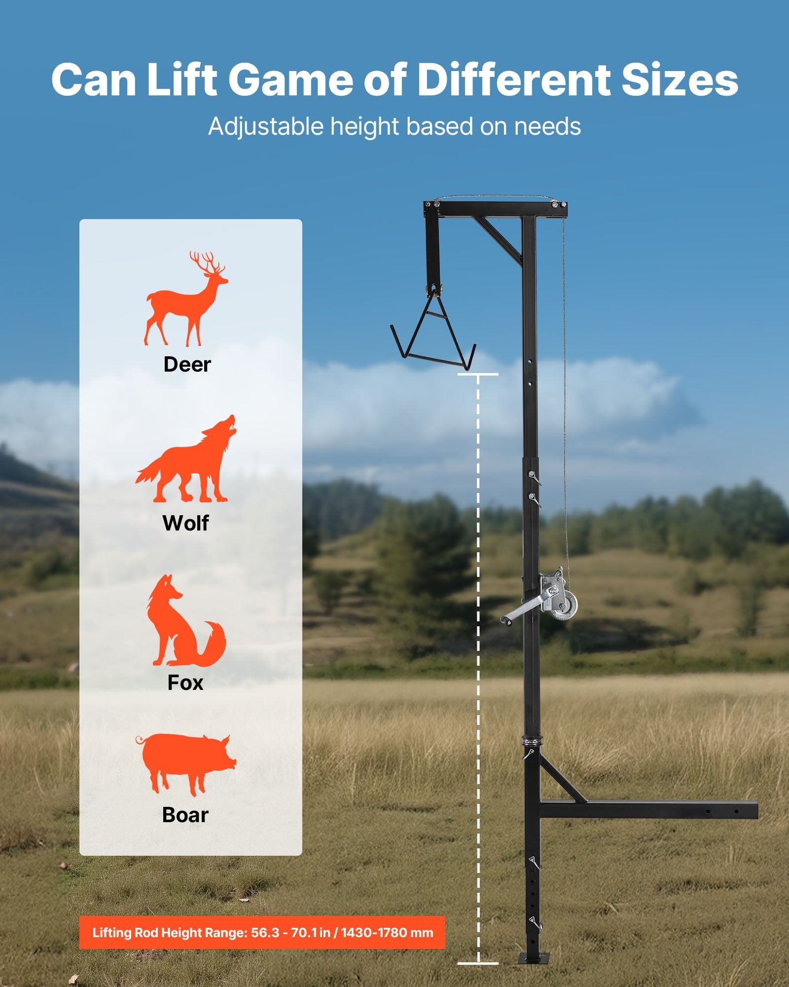 Truck Hitch Game Hoist, 600 Lbs Load Capacity, Hunting Deer Hoist With 2-inch Receiver, 360-Degree Swivel Shaft & Adjustable Height, Includes Gambrel Winch For Skinning & Cleaning Game
