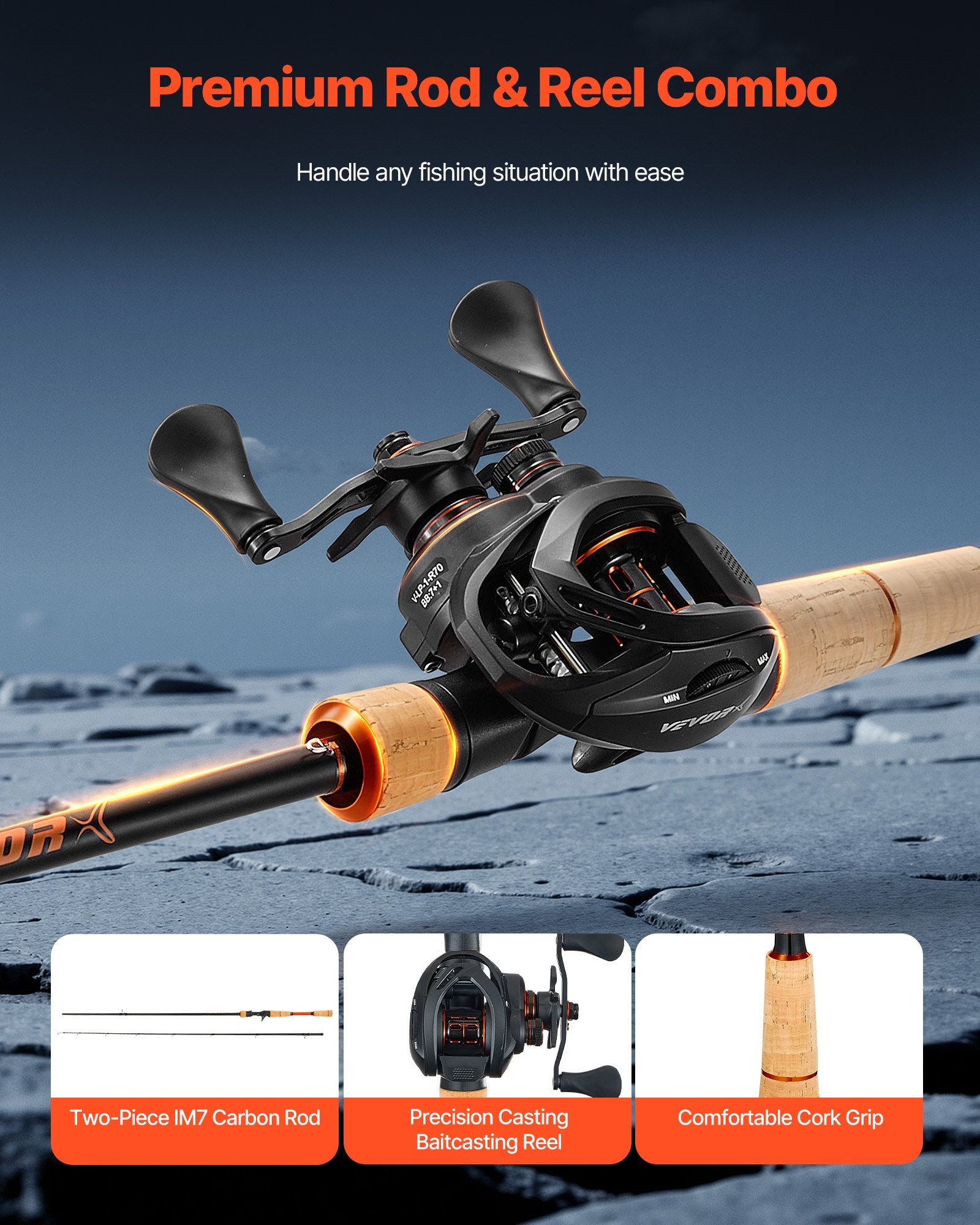 Rod And Fishing Reel Combo, IM7 Carbon Fiber Baitcasting Rod And Reel Combo, Bass Fishing Pole With 7+1 BB System, 7.0:1 Gear Ratio, Cork Handle, Stainless Steel Guides With Ceramic Rings