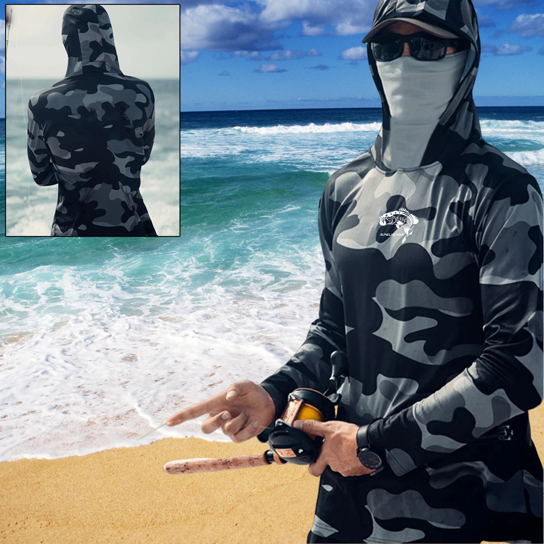 Hoodie Face Mask Neck Cover Shirt, Summer Long Sleeve Sun Protection, Hunting, Fishing Gear, Beach Tops, Climbing