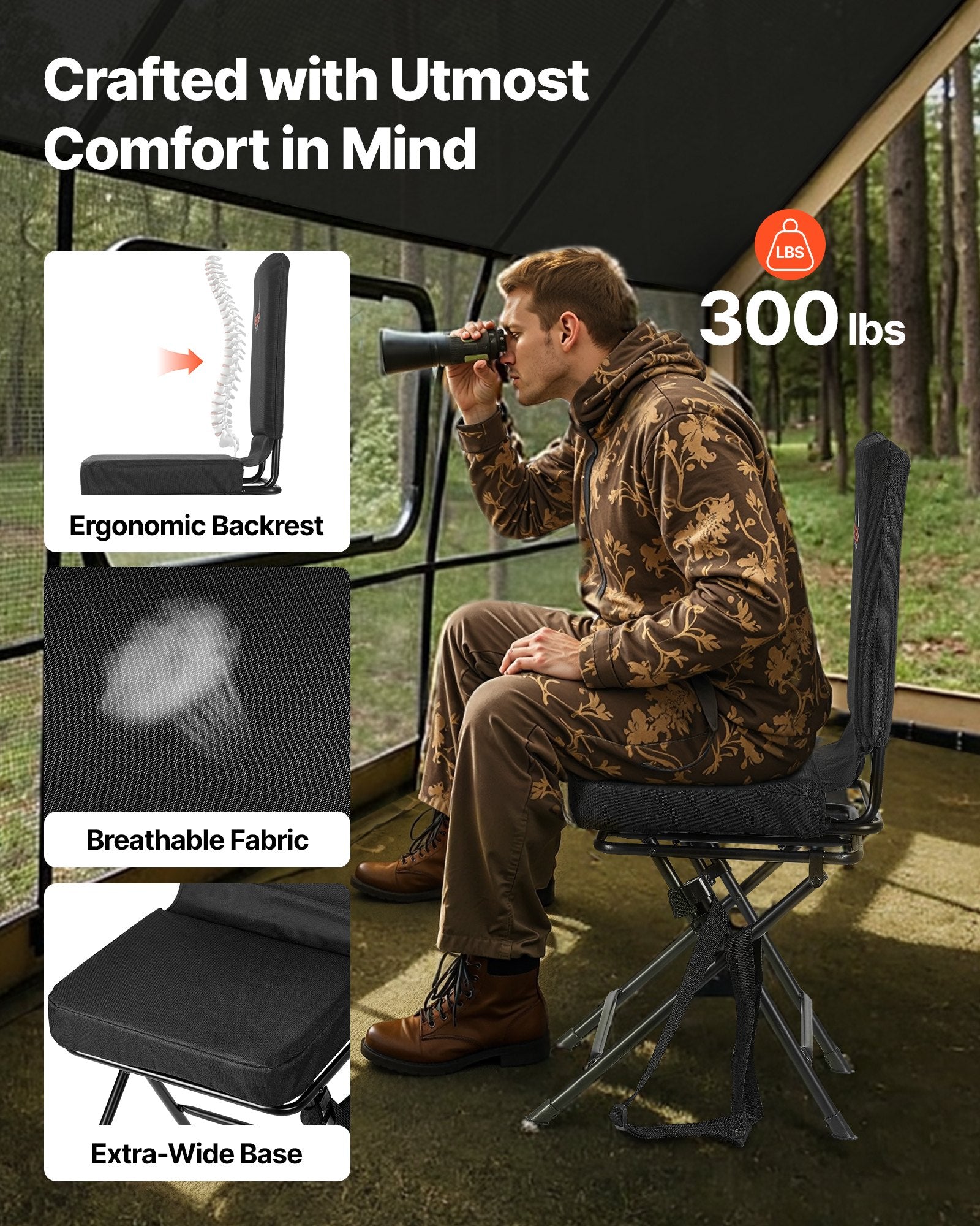 Hunting Chair, 360° Silent Swivel, Foldable Lightweight Portable Blind Chair, Heavy-Duty Steel Frame Ground Stool Seat, With Adjustable Shoulder Strap, 300 Lbs Capacity For Fishing, Camping